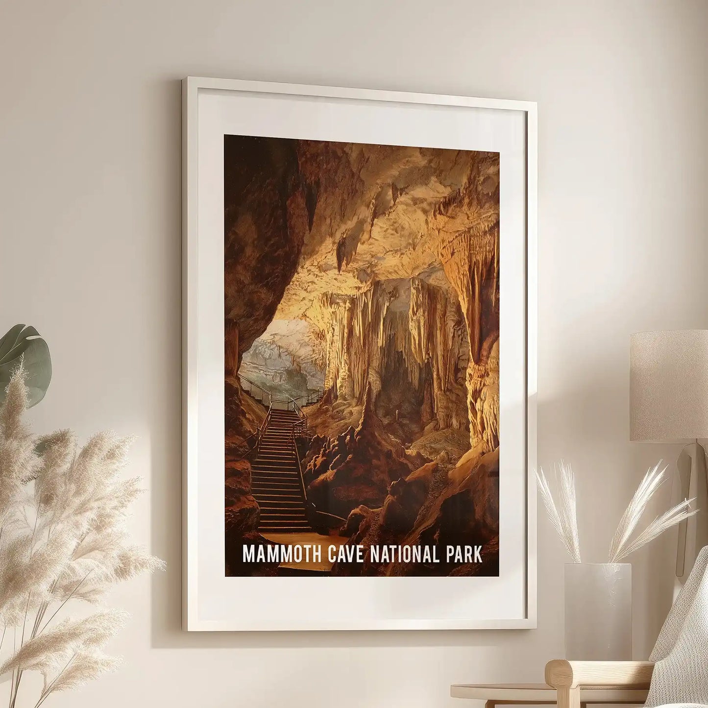 Single-panel wall print in a white matted frame adds burnt-earth color to the lounge, its retro park scene resting above an accent chair.