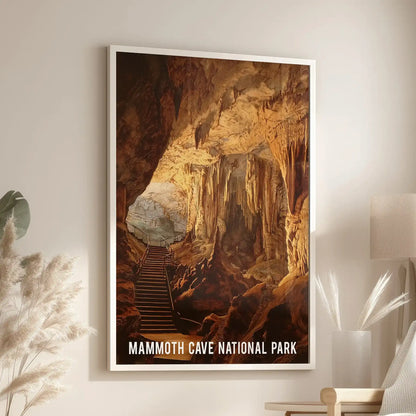 A white-framed art print of Kentucky’s cave system hangs over a living room armchair, evoking a vintage travel map of hidden chambers.