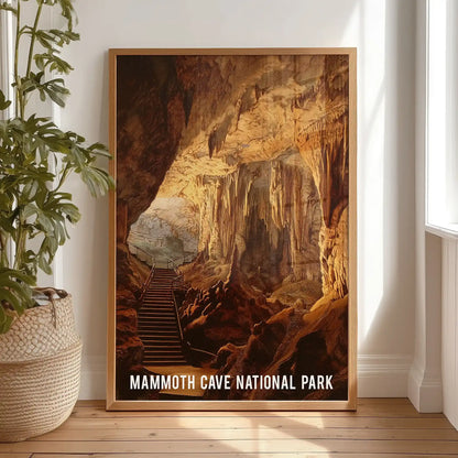 An oak-framed wall art piece with warm cave tones leans on the bedroom floor, a single panel waiting to be hung or layered in place.