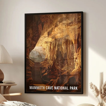 A framed wall print of Mammoth Cave National Park hangs above a cozy lounge chair, its black frame outlining a wide, amber cavern glow.