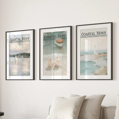 Marina scenes form a three-piece wall artwork set above a family room couch, presented in black frames with wide white mats.