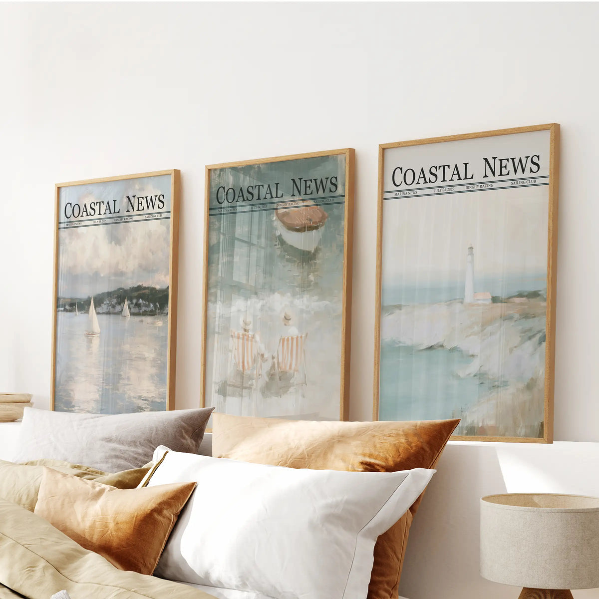 Three-piece wall art set in wooden frames, depicting sailboat, beach, and lighthouse scenes over a bedroom headboard.