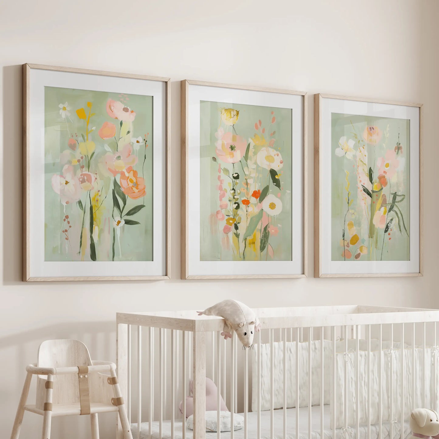 A set of three bright floral prints, matted and set in oak frames, hangs neatly over the crib in the nursery.