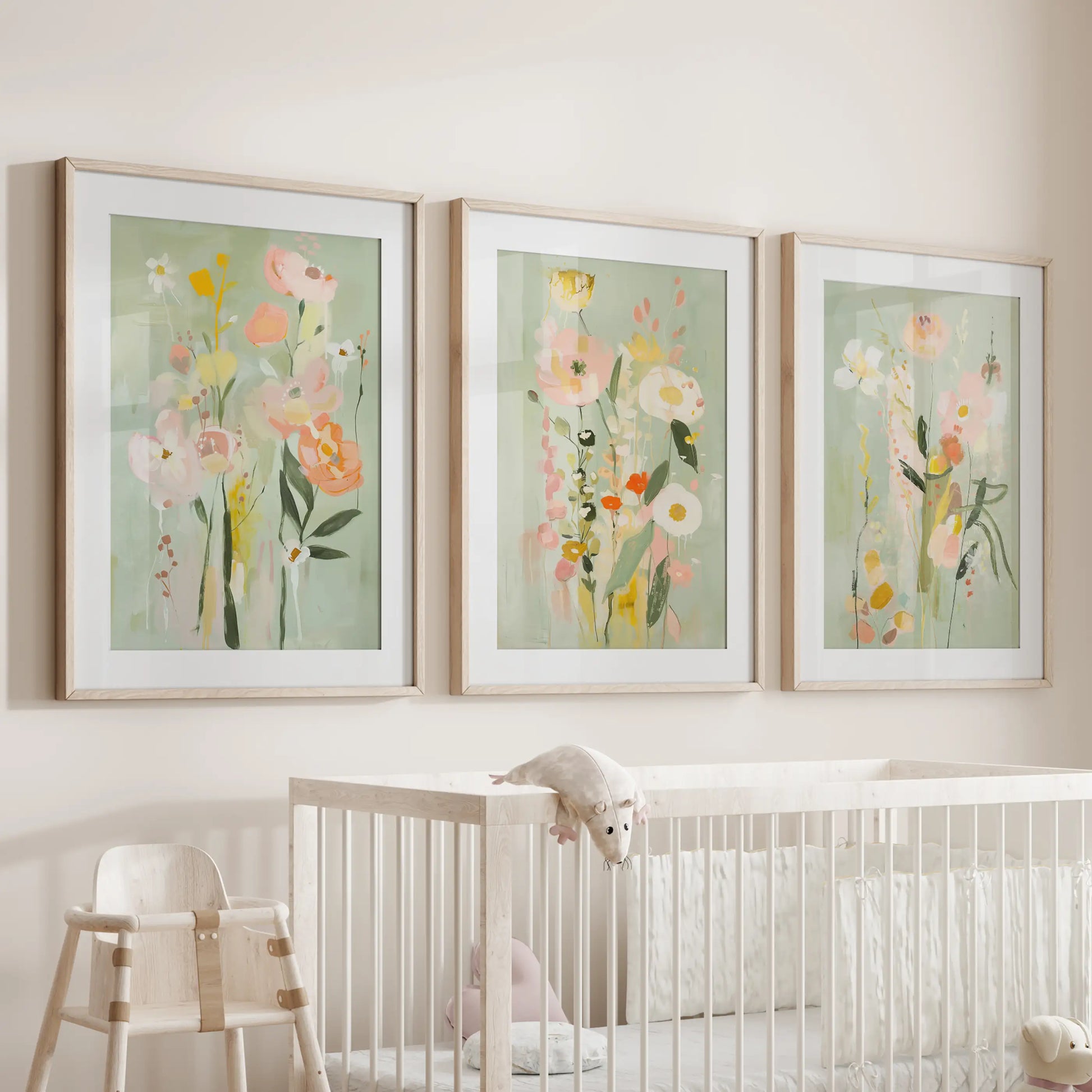 A set of three bright floral prints, matted and set in oak frames, hangs neatly over the crib in the nursery.