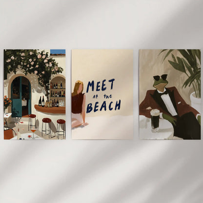 A bold set of three unframed wine bar posters forms a striking gallery on an empty wall, instantly styling the room.