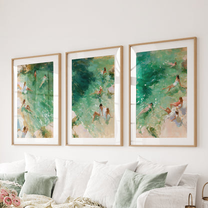 Mediterranean Beach Set of 3 Prints. Ocean Swimmer Wall Art