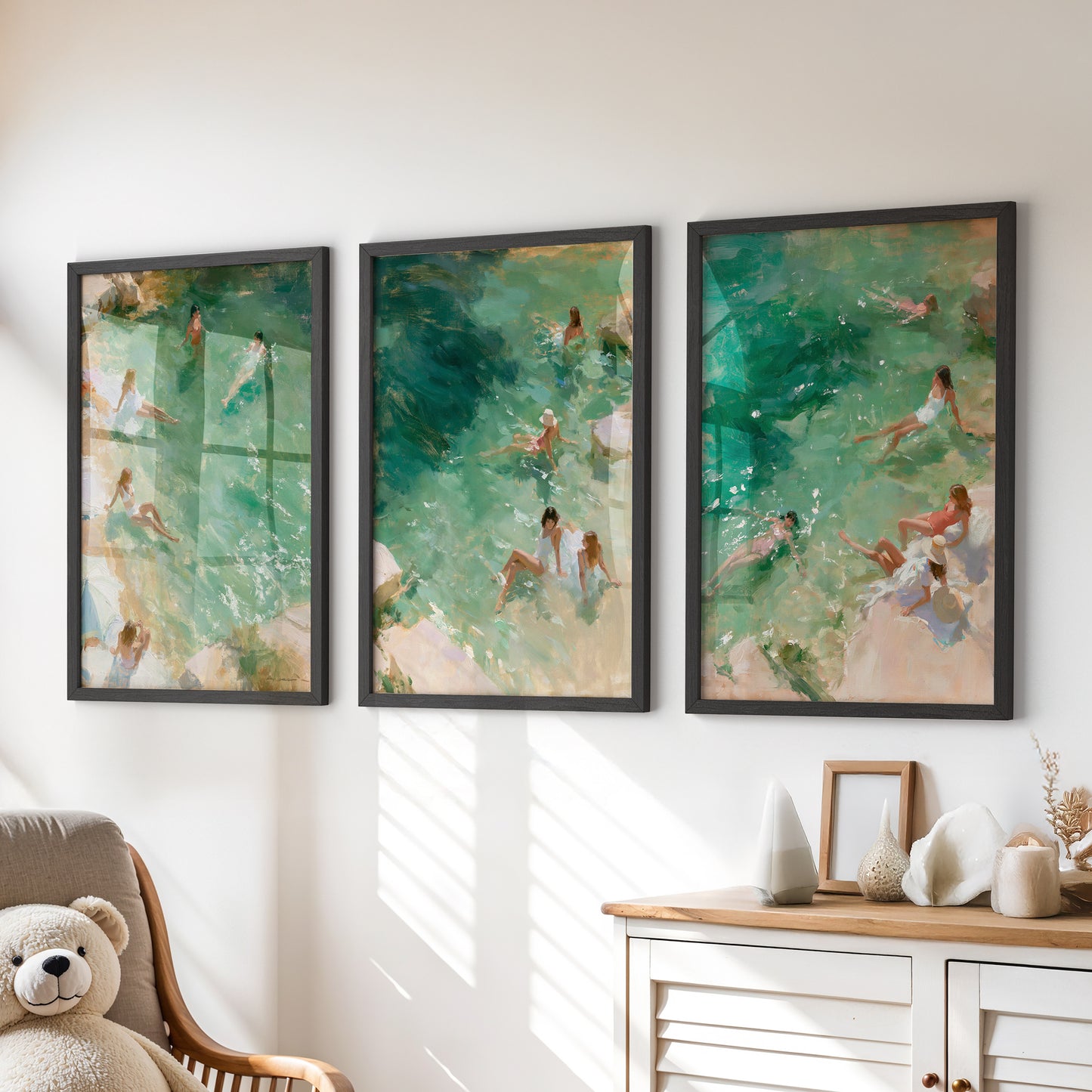 Mediterranean Beach Set of 3 Prints. Ocean Swimmer Wall Art