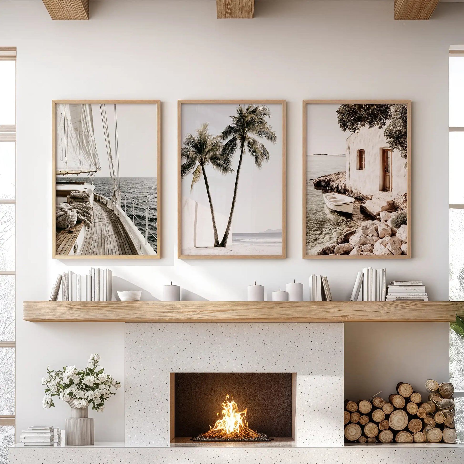 Sailboat wall art, set of three in oak frames, steadies the sitting room above the hearth with crisp sails and calm, open water.