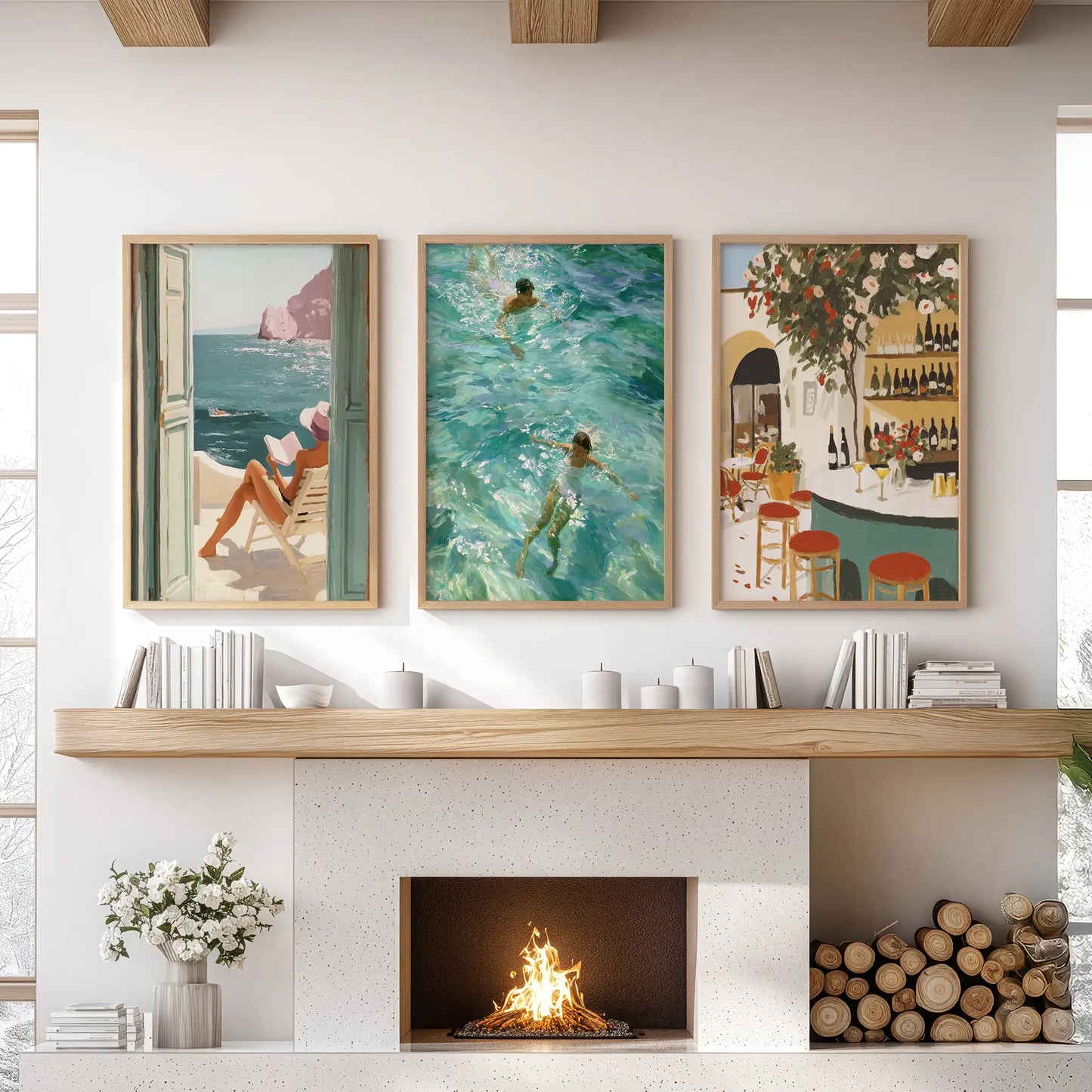 Italian coastal village views, set of 3 wood-framed wall prints, poised above the sitting-room mantel to lend warm, sunwashed texture.