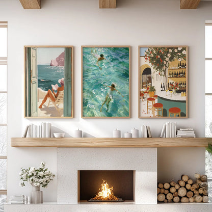 Italian coastal village views, set of 3 wood-framed wall prints, poised above the sitting-room mantel to lend warm, sunwashed texture.