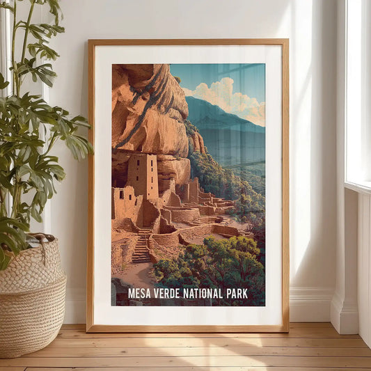 Black-framed standalone art of Mesa Verde’s cliff dwellings rests against a bedroom wall, the matted design giving the earthy view definition.