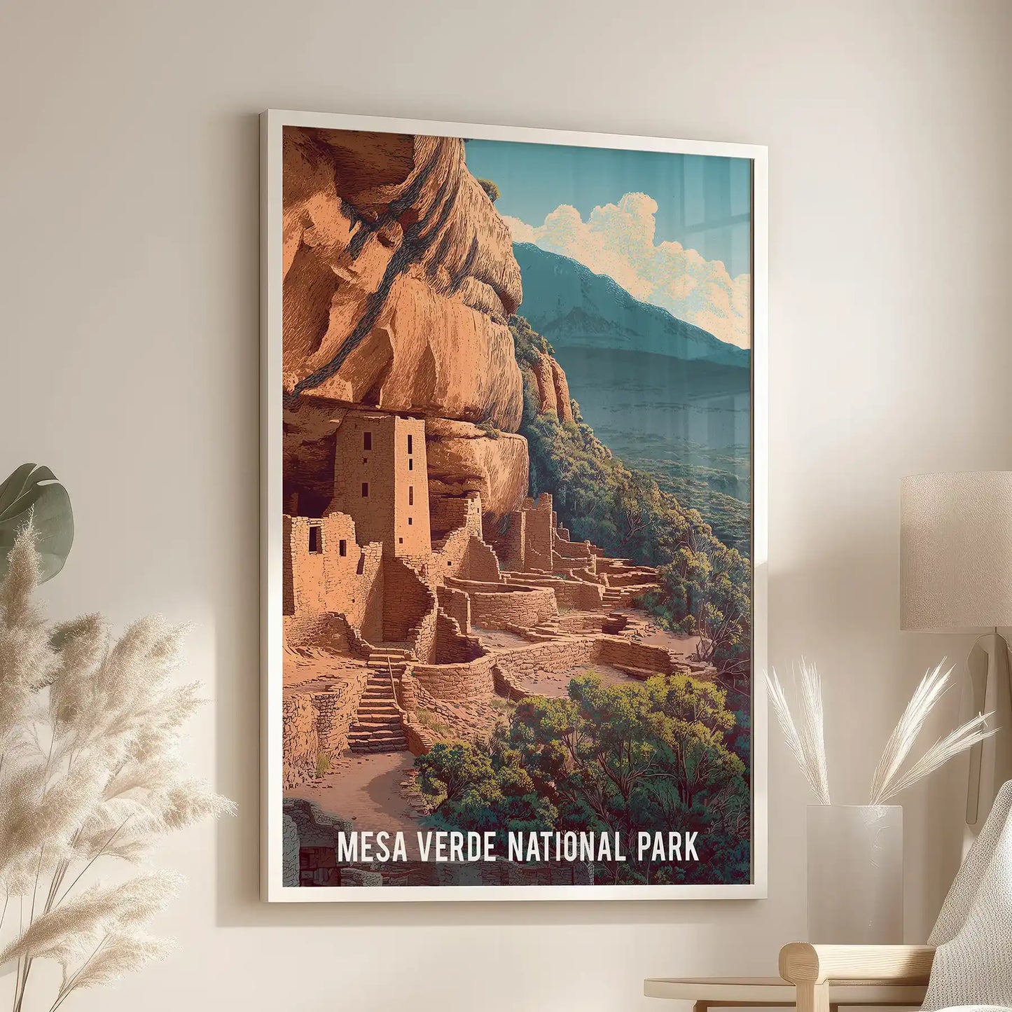 Terracotta southwest canyon scenery gallery wall poster adds earthy color in the lounge above a chair, presented in a crisp white frame.