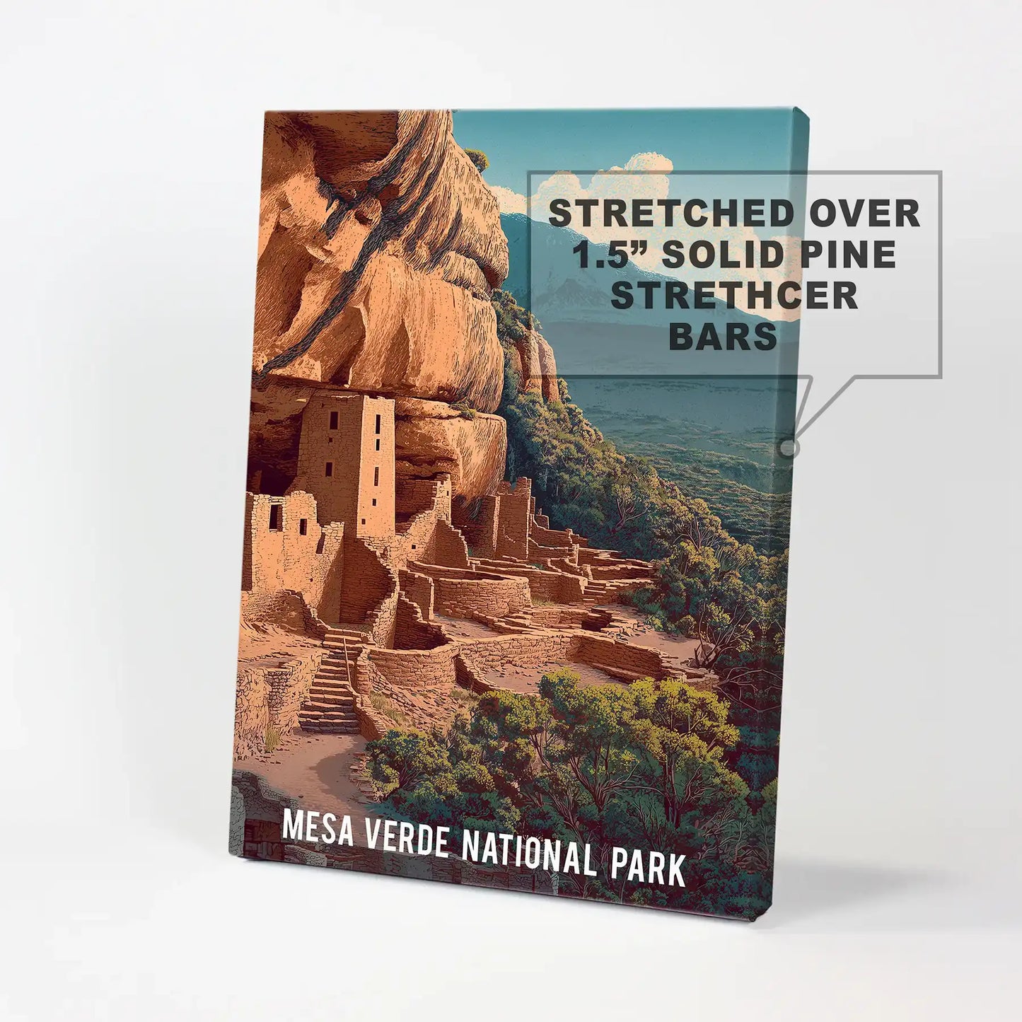 A frameless canvas wall art of Mesa Verde National Park shows sunlit cliffs with a modern clarity, ideal for a bright, simplified display.