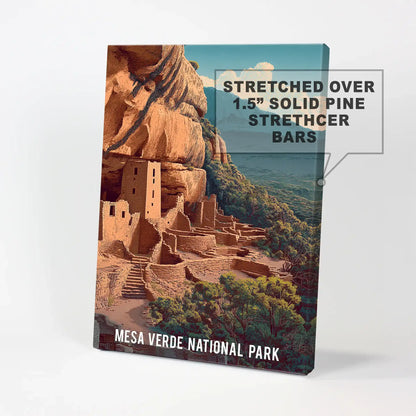 A frameless canvas wall art of Mesa Verde National Park shows sunlit cliffs with a modern clarity, ideal for a bright, simplified display.