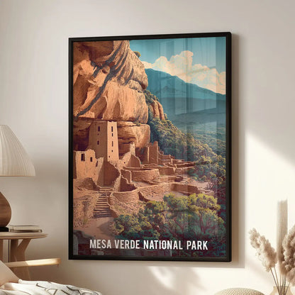 A black-framed wall picture of Mesa Verde National Park centers the living room, hanging above a cozy chair amid warm terracotta accents.