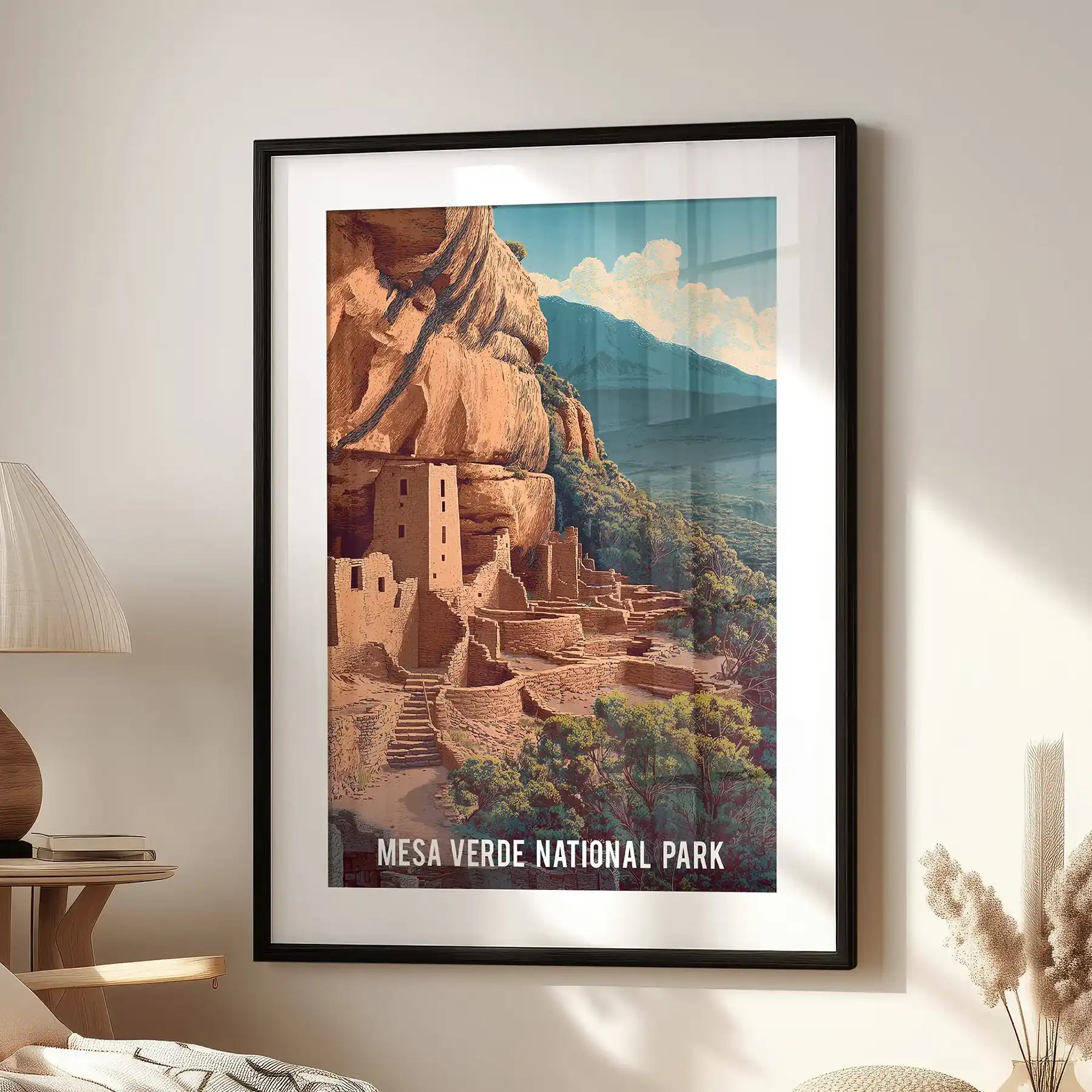 Gallery wall art featuring Mesa Verde’s cliff dwellings hangs above a lounge chair, presented in a black frame with a wide, museum-style mat.