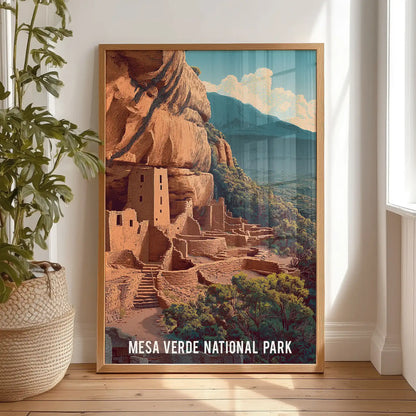 Colorado national park wall art piece in an oak wood frame rests on the bedroom floor, leaning casually to show its warm, rustic palette.