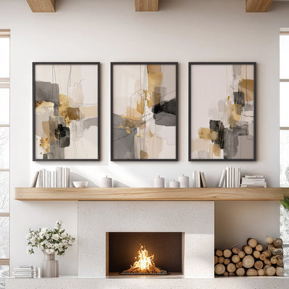 Black and gold brushstrokes, 3-piece wall art set, in slim black frames anchors a sitting room above the fireplace with modern, minimalist flair.