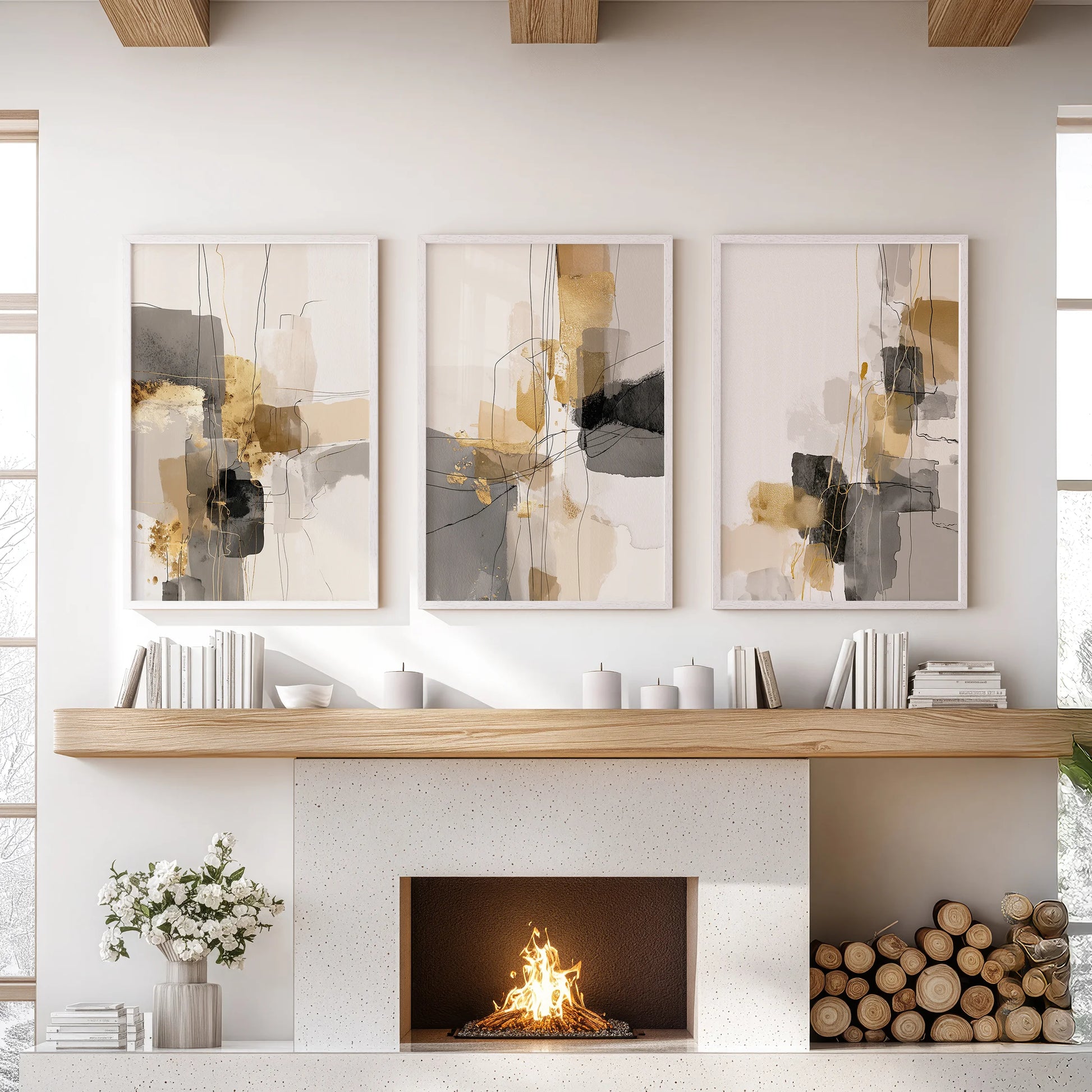 Set of three minimalist wall prints in crisp white frames layers subtle acrylic textures to center the living room over the hearth.