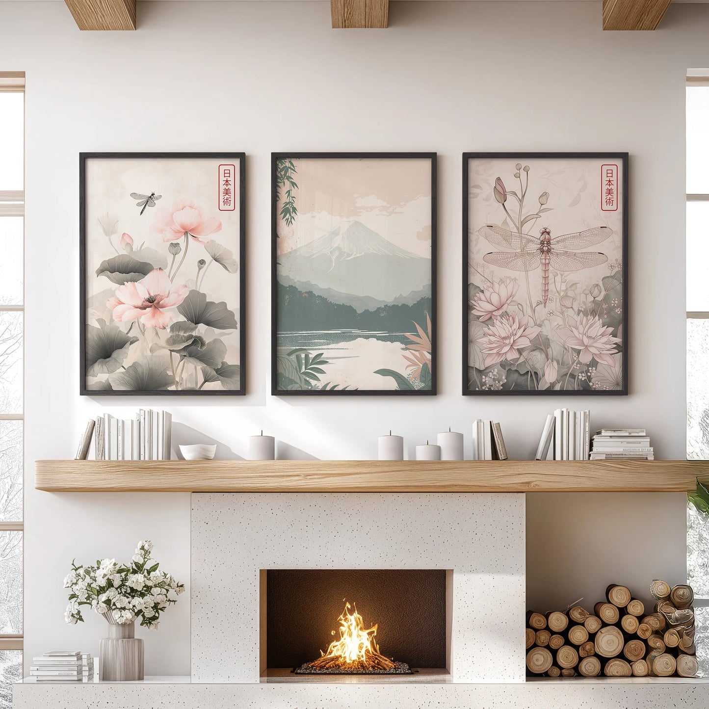 Set of three lotus flower prints in black frames adorn the living room wall above the fireplace, lending calm color and a balanced Japandi tone.
