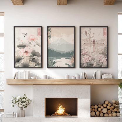Set of three lotus flower prints in black frames adorn the living room wall above the fireplace, lending calm color and a balanced Japandi tone.