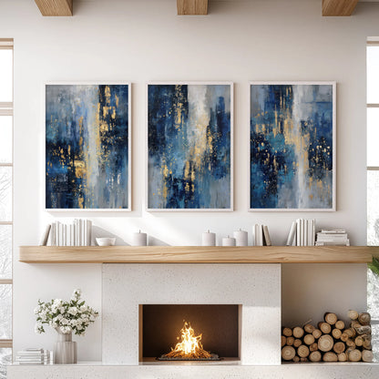White-framed blue and gold triptych artwork stands above the mantelpiece, subtly lifting a bright living room with modern poise.