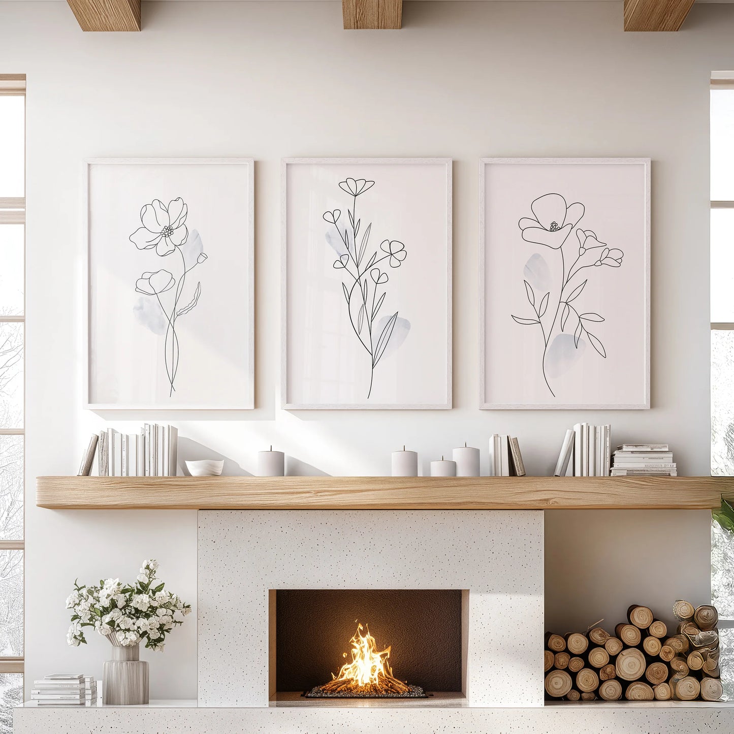 This three-print floral set in white frames centers above the sitting room mantel, its watercolor greens and blues calming the space.