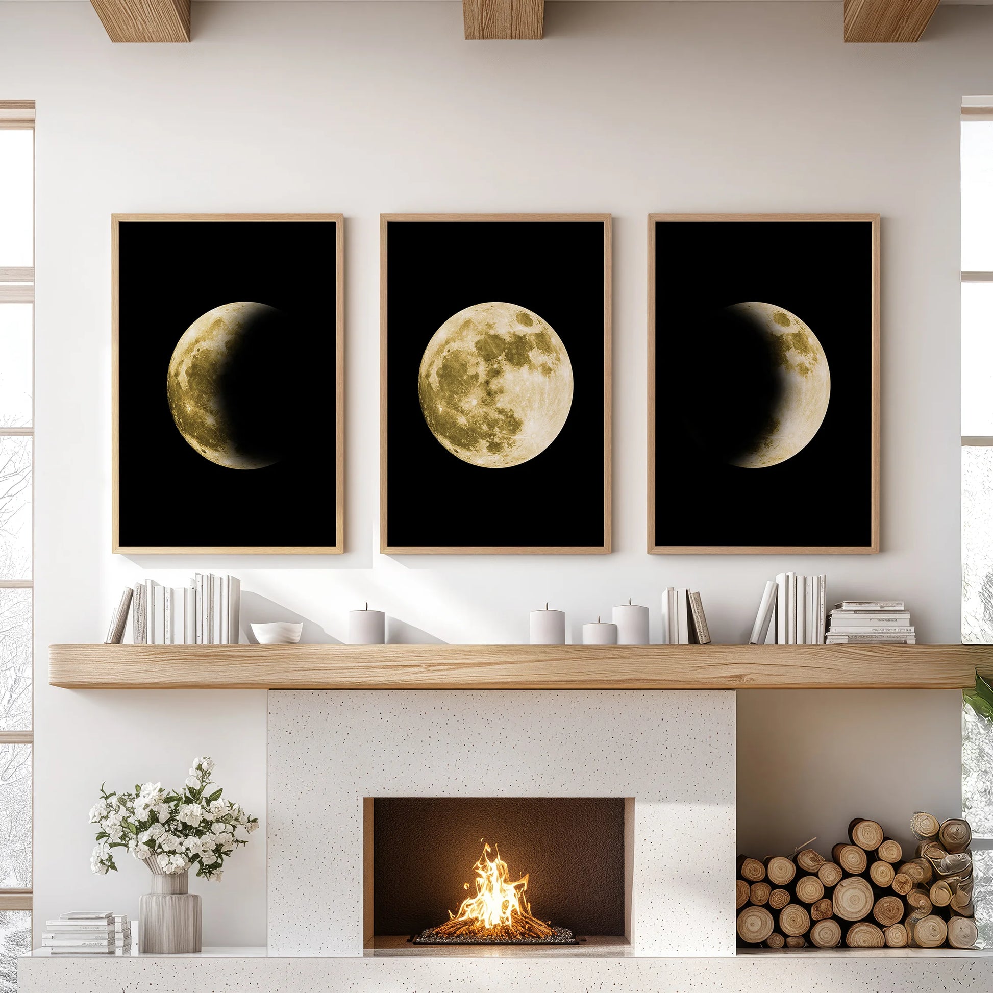 This gallery wall trio of moon textures in light oak frames rests above the mantel, adding tactile calm to the family room.