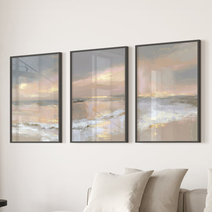 Abstract Coastal Set of 3 Prints. Neutral Seascape Painting