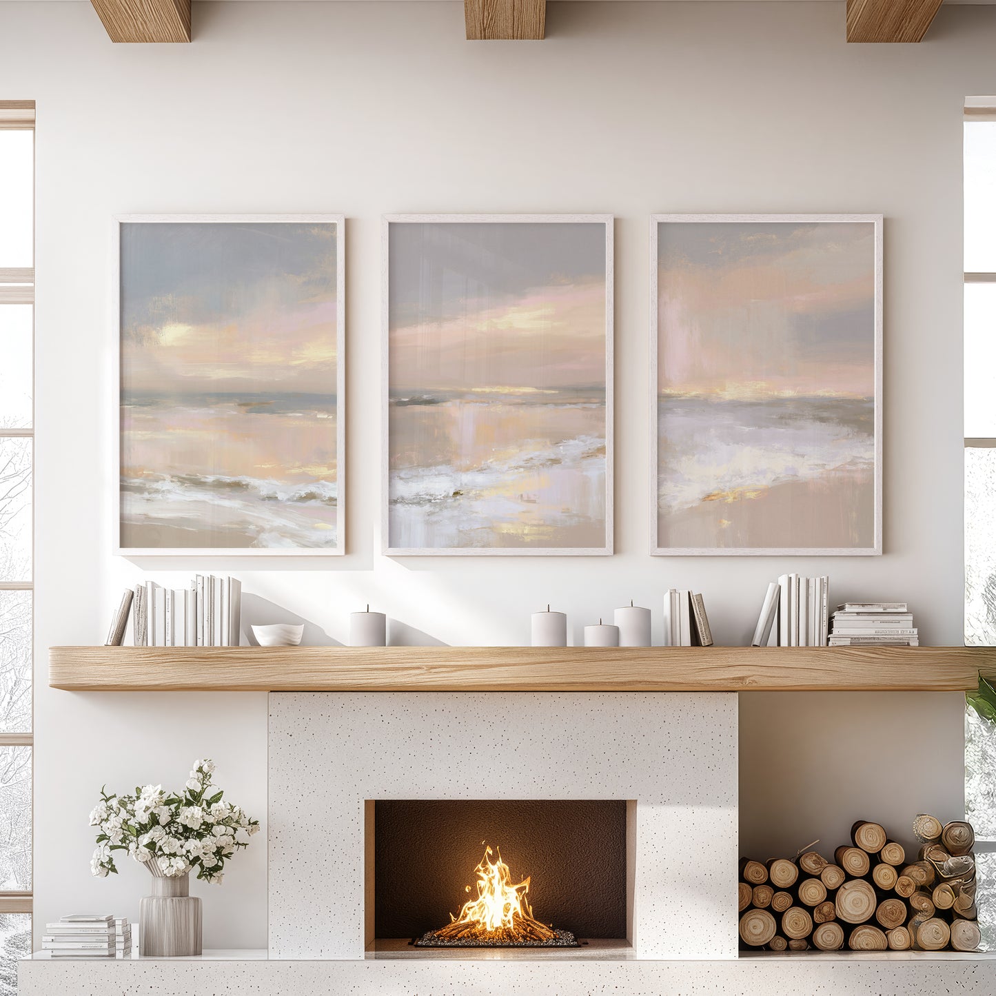 Abstract Coastal Set of 3 Prints. Neutral Seascape Painting