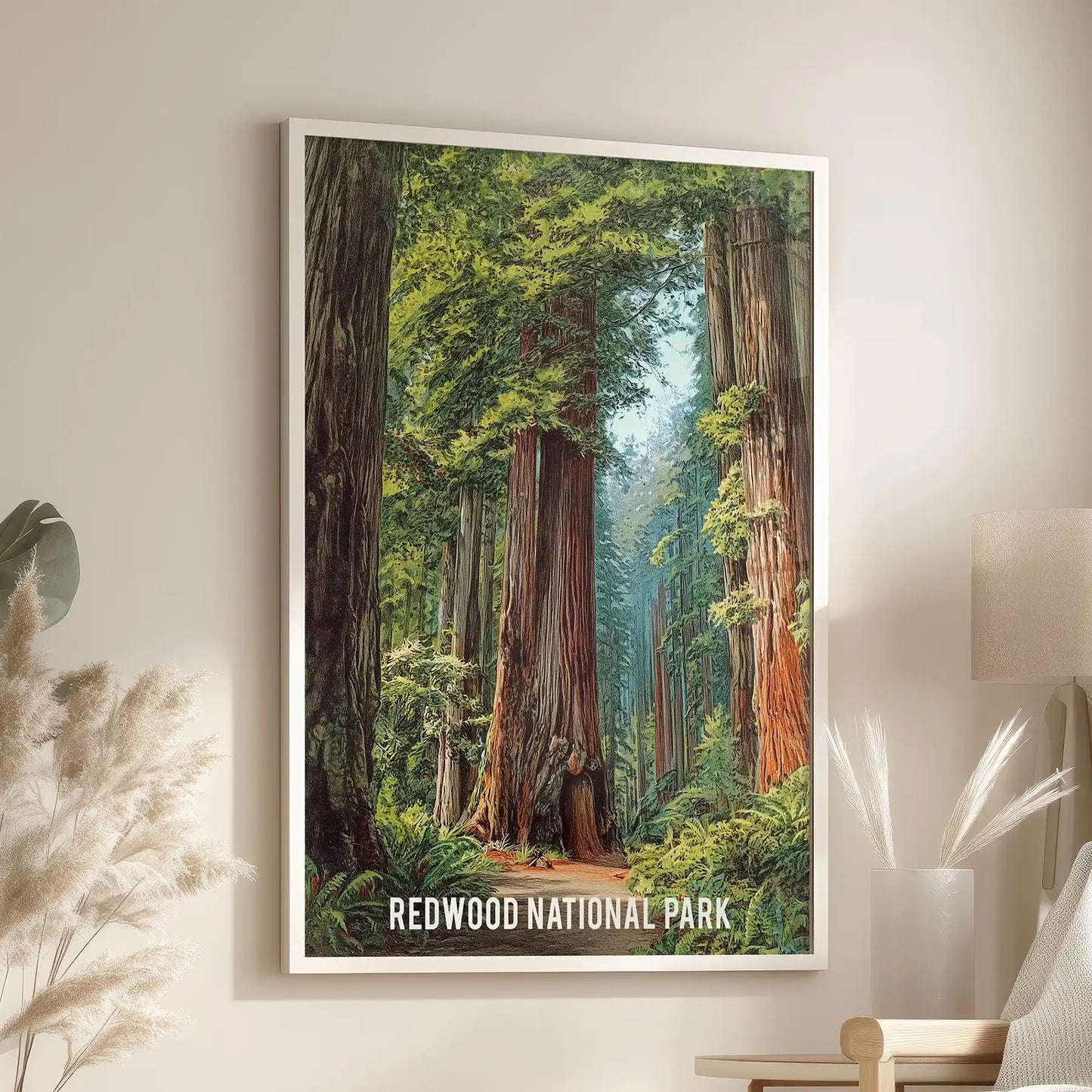 Misty woodland scenery statement art print hangs over a lounge armchair in a slim white frame, layering soft fog and towering trunks across your wall.
