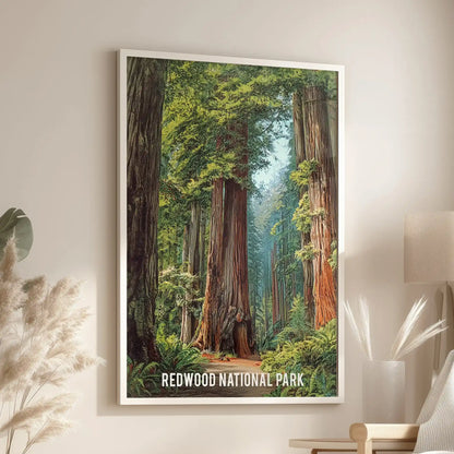 Misty woodland scenery statement art print hangs over a lounge armchair in a slim white frame, layering soft fog and towering trunks across your wall.