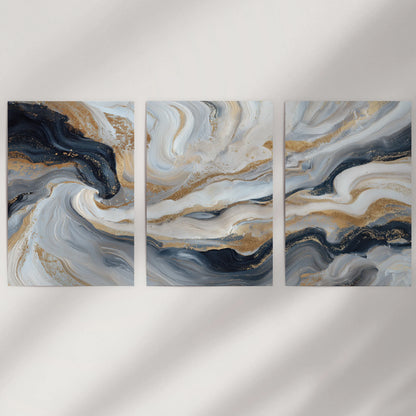 Three unmounted blue-beige abstract art prints lend airy modern rhythm to a bare wall, perfect for flexible arrangement or framing.