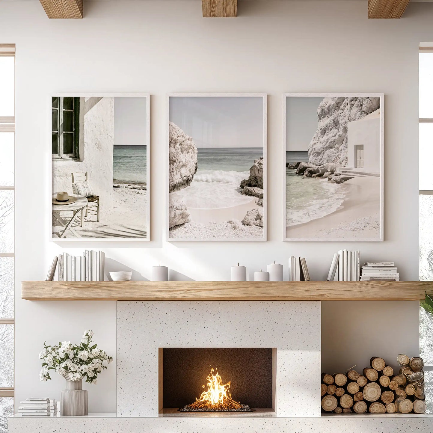 Greek seaside beaches, wall art 3 set in white framed finishes, anchors the lounge above the mantel with sun-washed neutrals and clean lines.