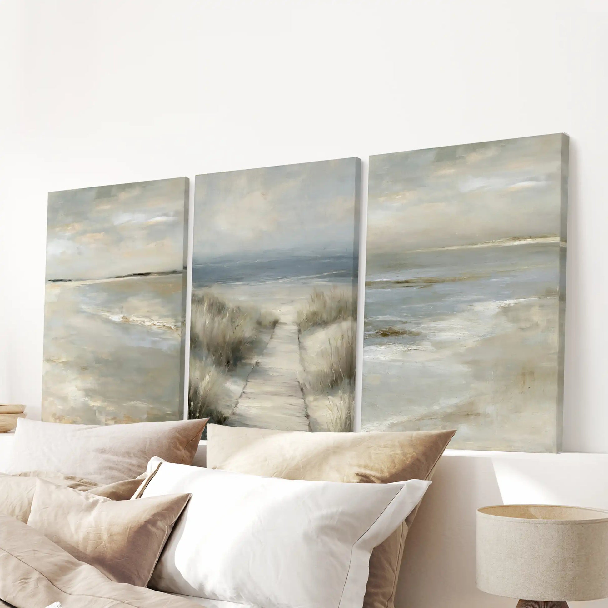 Beach path through dunes three-piece gallery-wrapped wall art spans the bedroom, centered over the headboard for a clean, modern coastal statement.