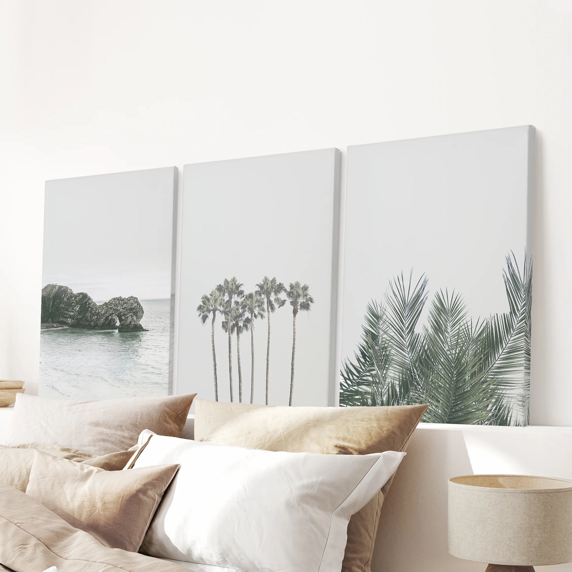 Boho palm trees 3-print wall art on frameless canvas adds relaxed texture above the bed, a clean, modern set perfect for a serene bedroom.