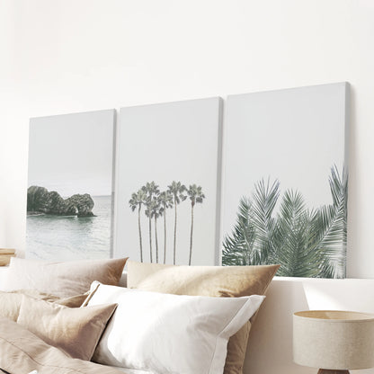Boho palm trees 3-print wall art on frameless canvas adds relaxed texture above the bed, a clean, modern set perfect for a serene bedroom.