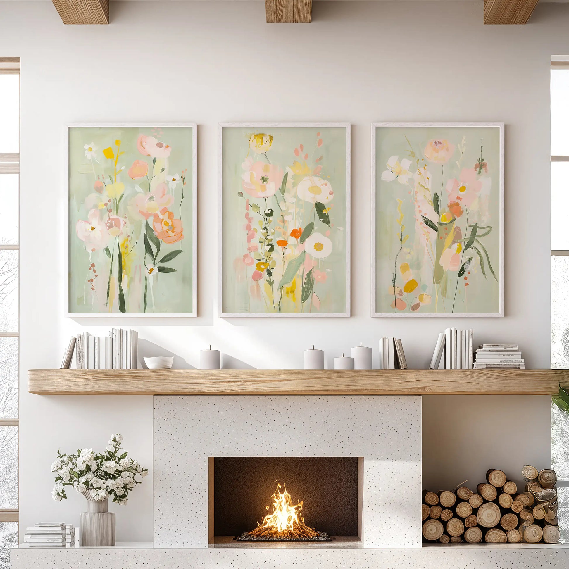 Contemporary botanical posters, a 3-part wall art set, are arranged in white frames over the fireplace in the lounge.