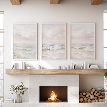 Beach Seascape 3 Piece Wall Art. Soft Waves, Cloudy Sky Prints