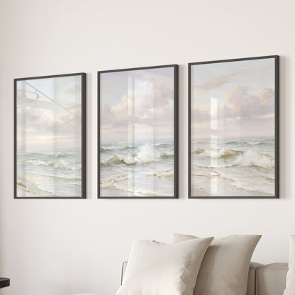 Beach Seascape 3 Piece Wall Art. Soft Waves, Cloudy Sky Prints