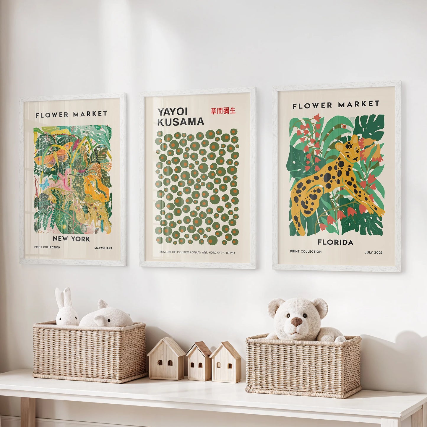 Colorful triptych exhibition wall art, a large set of three, sets the tone in the playroom with crisp white frames and gallery-ready presence.