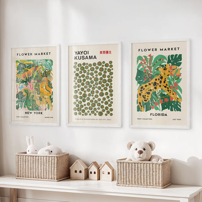 Colorful triptych exhibition wall art, a large set of three, sets the tone in the playroom with crisp white frames and gallery-ready presence.
