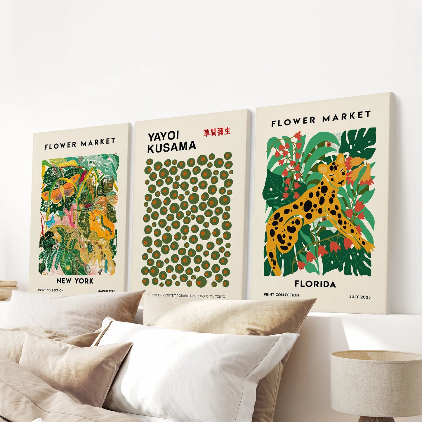 Colorful exhibition triptych prints, a ready-to-hang three-piece canvas set, complete the bedroom above the headboard with clean, modern lines.