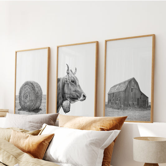 Farmhouse Art Set of 3. Vintage Barn, Cow, Hay Bale Landscape