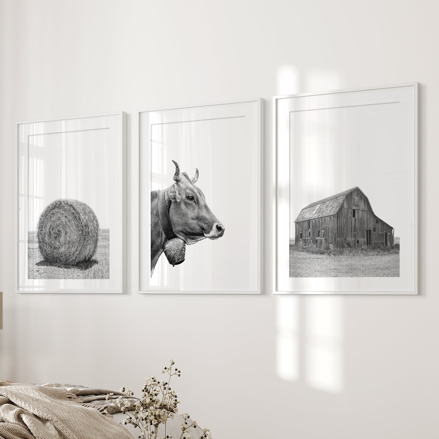 Farmhouse Art Set of 3. Vintage Barn, Cow, Hay Bale Landscape