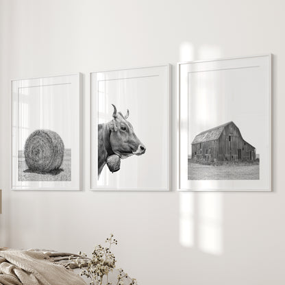 Farmhouse Art Set of 3. Vintage Barn, Cow, Hay Bale Landscape