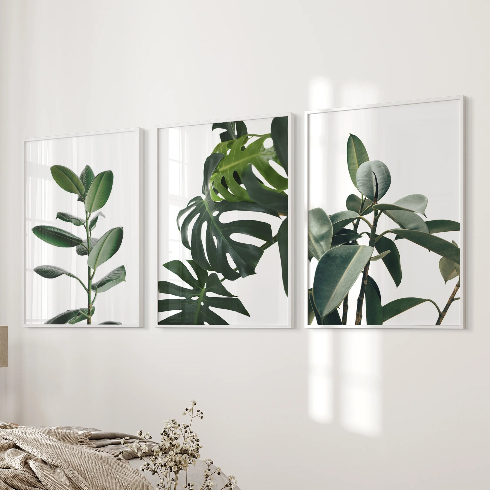 A three-panel nature art set in slim white frames lends modern botanical calm along the bedside wall of the bedroom.