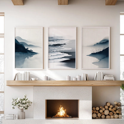 Coastal abstract wave art presented as three white-framed prints centers the living room mantle with a gentle modern rhythm.
