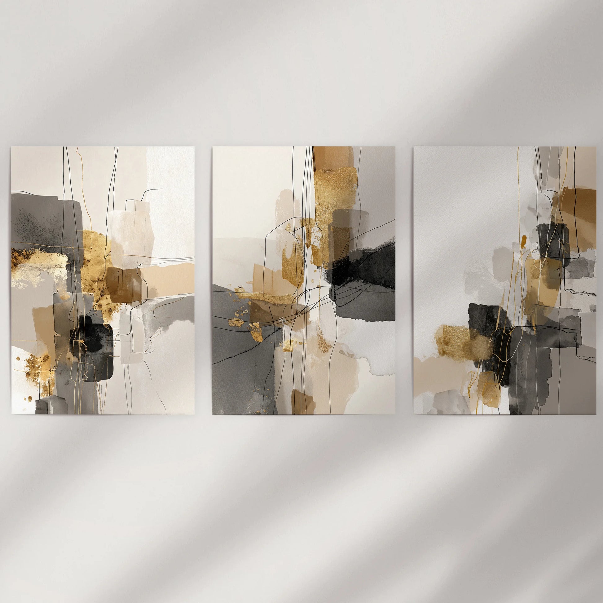 A minimalist trio of art prints featuring Nordic brushstrokes ships in a tube, ready to hang crisp against a clean white wall.