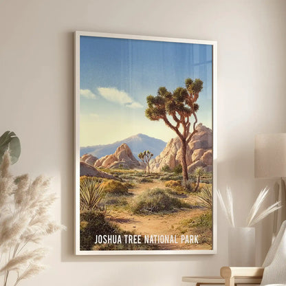 A white-framed California desert art print brightens the living room, hanging just above the window-side chair for a light, balanced feel.